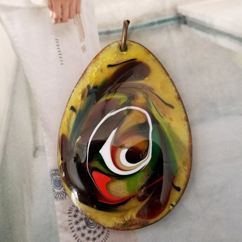Vintage enamel copper pendant swirl teardrop